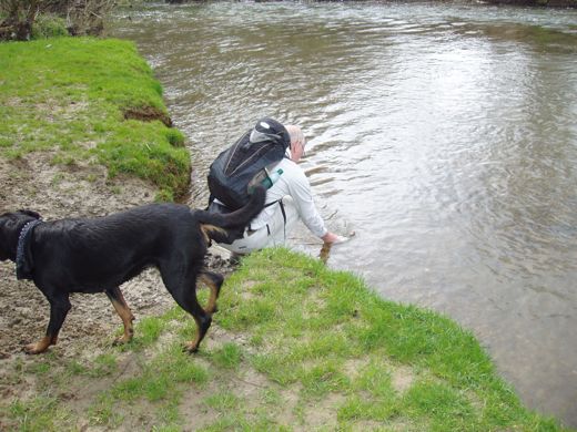 Waterverversing voor Sammie. Later blijkt hij de voorkeur te geven aan kraantjeswater boven bronwater.