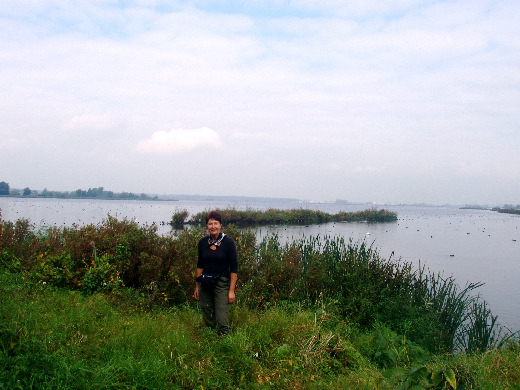 De aansluiting met het Pelgrimspad hervonden, over een dijk dwars door de Reeuwijkse Plassen heen.