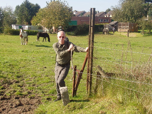 De , nu rustige, paarden in achtergrond waren even op hol geslagen terwijl er tussen stonden.