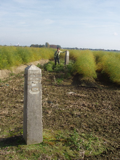 Op rij de gespalkte grenspaal 329D en 329E in een aspergeveld.