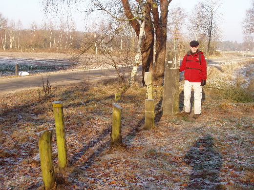 Grenspaal 413 staat tussen wat bomen en is aan wegwerkersgeweld ontsnapt.